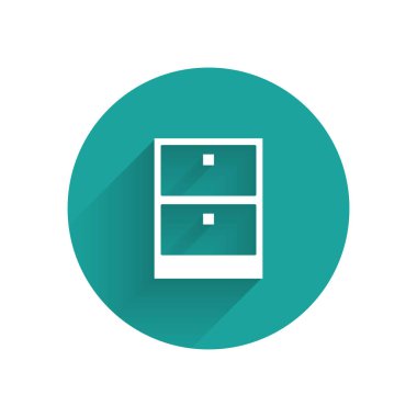 Beyaz arşiv kağıtları çekmece simgesi uzun gölge ile izole. Evrak çekmecesi. Dosya dolabı çekmecesi. Ofis mobilyaları. Yeşil daire düğmesi. Vektör Illustration