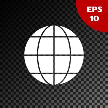Beyaz toprak küre simgesi şeffaf koyu arka planda izole. Dünya veya dünya tabelası. Küresel internet sembolü. Geometrik şekiller. Vektör Illustration