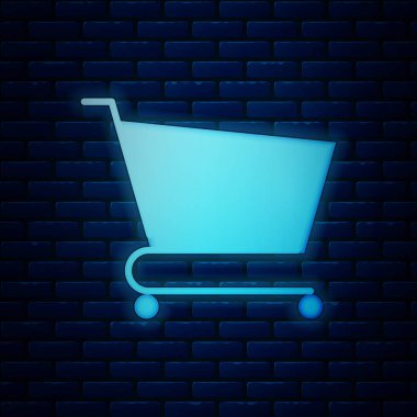 Parlayan neon alışveriş arabası simgesi tuğla duvar arkasında izole edilmiş. İnternetten satın alma konsepti. Servis tabelası. Süpermarket sepeti sembolü. Vektör İllüstrasyonu