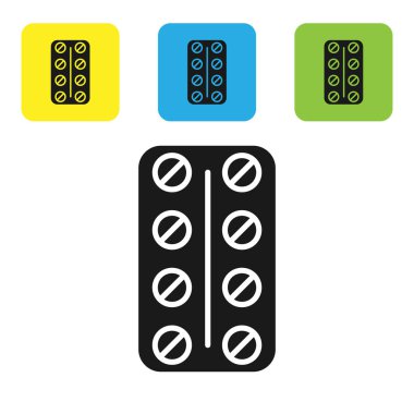 Siyah Pills blister paketi simgesi beyaz arka planda izole. Tablet için tıbbi ilaç paketi: vitamin, antibiyotik, aspirin. Set simgeleri renkli kare düğmeler. Vektör Illustration