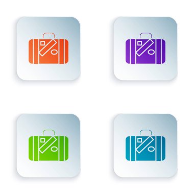 Beyaz arka planda izole seyahat ve çıkartmalar simgesi için renk bavul. Seyahat Bagaj işareti. Seyahat Bagaj simgesi. Renkli kare düğmeleri simgeleri ayarlayın. Vektör Illustration