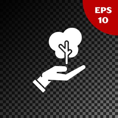 Beyaz Ağaç el çevre koruma simgesi şeffaf koyu arka planda izole. Tohum ve fide. Fidan dikmek. Ekoloji konsepti. Vektör Illustration