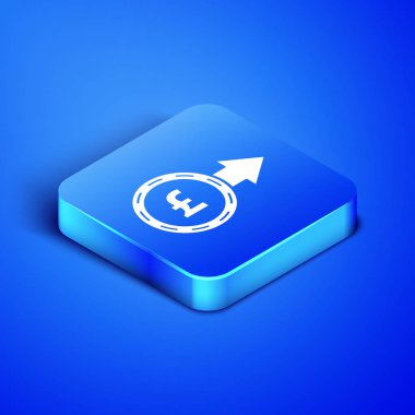 Mavi arka planda izole Pound Sterling sembol simgesi ile izometrik Coin para. Bankacılık para birimi işareti. Nakit sembolü. Mavi kare düğmesi. Vektör Illustration