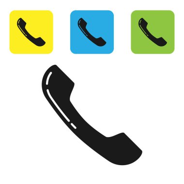 Siyah telefon ahize simgesi beyaz arka planda yalıtılmış. Telefon tabelası. Set simgeleri renkli kare düğmeler. Vektör Illustration