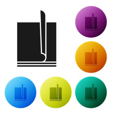 Siyah dosya belge simgesi beyaz arka planda yalıtılmış. Kontrol listesi simgesi. İş konsepti. Simgeler renkli daire düğmelerini ayarlayın. Vektör Illustration