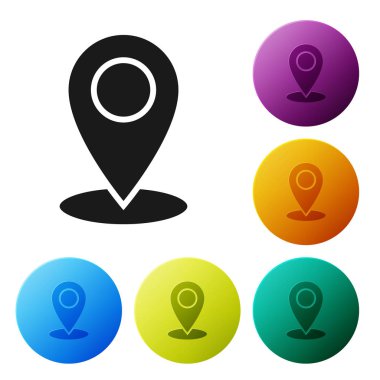 Siyah harita pin simgesi beyaz arka planda yalıtılmış. Navigasyon, işaretçi, konum, harita, GPS, yön, yer, pusula, iletişim, arama kavramı. Simgeler renkli daire düğmelerini ayarlayın. Vektör Illustration