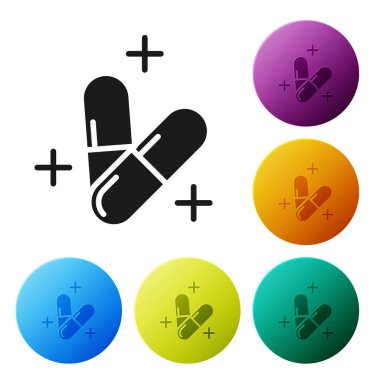 Siyah tıp hap veya Tablet simgesi beyaz arka planda izole. Kapsül hap ve uyuşturucu işareti. Eczane tasarımı. Simgeler renkli daire düğmelerini ayarlayın. Vektör Illustration