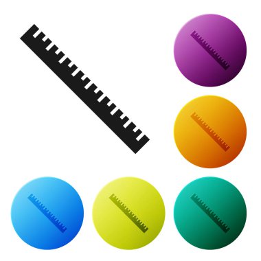 Beyaz arka planda izole siyah cetvel simgesi. Düz sembolü. Simgeler renkli daire düğmelerini ayarlayın. Vektör Illustration