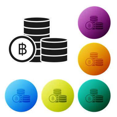Siyah cryptocurrency sikke Bitcoin simgesi beyaz arka planda izole. Blockchain teknolojisi, Bitcoin, dijital para piyasası, kripoin cüzdanı. Simgeler renkli daire düğmelerini ayarlayın. Vektör Illustration