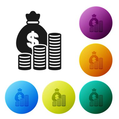 Siyah para çantası ve jeton simgesi beyaz arka planda izole. Dolar veya USD sembolü. Nakit bankacılık para birimi işareti. Simgeler renkli daire düğmelerini ayarlayın. Vektör Illustration