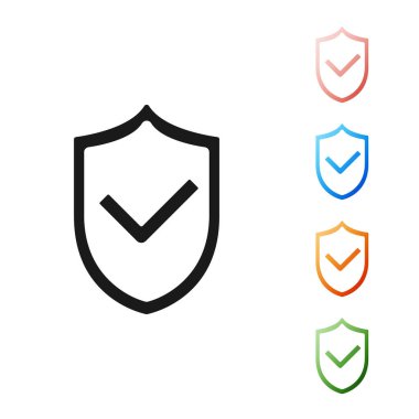 Beyaz arka planda izole edilmiş onay işareti simgesiyle siyah kalkan. Koruma sembolü. Güvenlik denetimi simgesi. Onay işareti onaylı simgesi. Simgeler renkli ayarlayın. Vektör Illustration