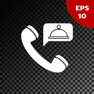 Beyaz gıda sipariş simgesi şeffaf koyu arka planda izole. Cep telefonu ile sipariş. Restoran gıda teslim konsepti. Vektör Illustration