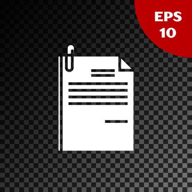Beyaz dosya belgesi ve kağıt klip simgesi şeffaf koyu arka planda yalıtılmış. Kontrol listesi simgesi. İş konsepti. Vektör Illustration