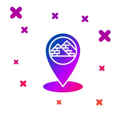 Beyaz arka planda izole Mısır piramitleri simgesi ile renk Haritası işaretçisi. Degrade rasgele dinamik şekiller. Vektör Illustration