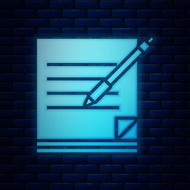 Parlayan Neon boş Notebook ve kalem simgesi tuğla duvar arka planda izole. Kağıt ve kalem. Vektör Illustration