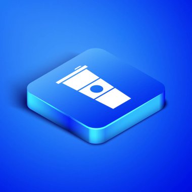 Mavi arka planda izole edilmiş izometrik kağıt cam ve su simgesi. Soda içecek bardağı. Taze soğuk içecek sembolü. Mavi kare düğmesi. Vektör Illustration