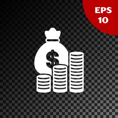Beyaz para çantası ve jeton simgesi şeffaf koyu arka planda izole. Dolar veya USD sembolü. Nakit bankacılık para birimi işareti. Vektör Illustration