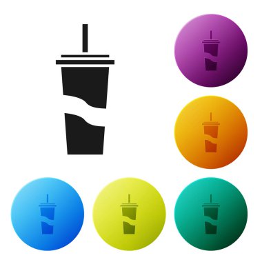 Siyah kağıt cam içme saman ve su simgesi beyaz arka planda izole. Soda içecek bardağı. Taze soğuk içecek sembolü. Simgeler renkli daire düğmelerini ayarlayın. Vektör Illustration