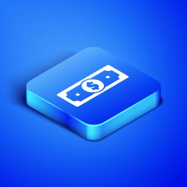 Isometrik Stacks kağıt para nakit simgesi mavi arka planda izole. Para banknotlar yığınları. Fatura para birimi. Mavi kare düğmesi. Vektör Illustration