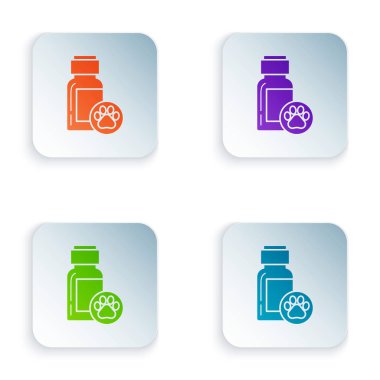 Renk köpek tıp şişe simgesi beyaz arka planda izole. Hap ile konteyner. Hayvan için reçete ilacı. Renkli kare düğmeleri simgeleri ayarlayın. Vektör Illustration