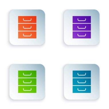 Beyaz arka planda izole Belgeler simgesi ile renkli çekmece. Arşiv kağıtları çekmecesi. Dosya dolabı çekmecesi. Ofis mobilyaları. Renkli kare düğmeleri simgeleri ayarlayın. Vektör Illustration