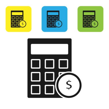 Siyah hesaplama dolar sembol simgesi beyaz arka planda izole. Para tasarrufu konsepti. Muhasebe sembolü. Set simgeleri renkli kare düğmeler. Vektör Illustration
