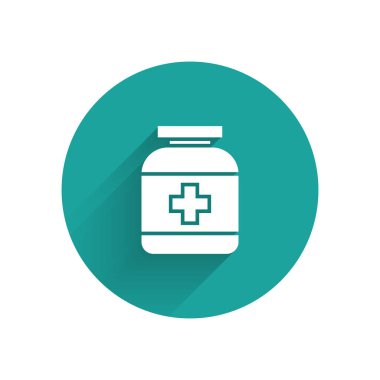 Uzun gölgeli beyaz ilaç şişesi ikonu. Şişe hapı işareti. Eczane tasarımı. Yeşil daire düğmesi. Vektör İllüstrasyonu