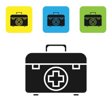 Siyah Ilk yardım kiti simgesi beyaz arka planda izole. Haç içeren tıbbi kutu. Acil durum için tıbbi ekipmanlar. Sağlık konsepti. Set simgeleri renkli kare düğmeler. Vektör Illustration
