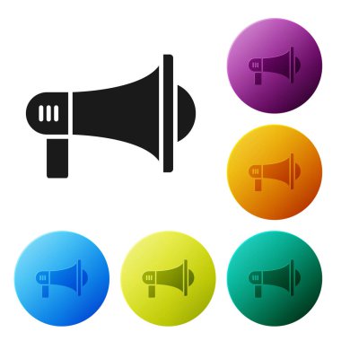 Siyah megafon simgesi beyaz arka planda izole. Yüksek sesle konuşma uyarısı kavramı. Ağızlık için Bullhorn çığlık promosyonu. Simgeler renkli daire düğmelerini ayarlayın. Vektör Illustration