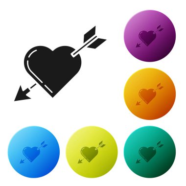 Beyaz arka planda izole kalp ve ok simgesi ile siyah Amour sembolü. Aşk tabelası. Sevgililer sembolü. Simgeler renkli daire düğmelerini ayarlayın. Vektör Illustration