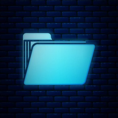 Parlayan neon döküman klasörü simgesi tuğla duvar arka planında izole edildi. Muhasebe klasörü sembolü. Muhasebe yönetimi. Vektör İllüstrasyonu