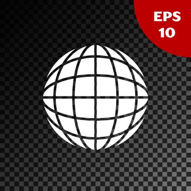 Beyaz toprak küre simgesi şeffaf koyu arka planda izole. Dünya veya dünya tabelası. Küresel internet sembolü. Geometrik şekiller. Vektör Illustration