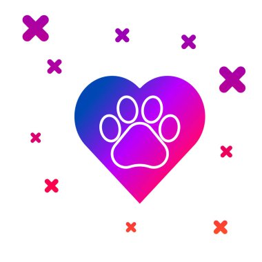 Renk kalp hayvan ayak izi simgesi beyaz arka planda izole. Kalp hayvan pençe. Hayvanlarla aşk. Degrade rasgele dinamik şekiller. Vektör Illustration