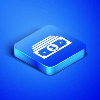 Isometrik Stacks kağıt para nakit simgesi mavi arka planda izole. Para banknotlar yığınları. Fatura para birimi. Mavi kare düğmesi. Vektör Illustration