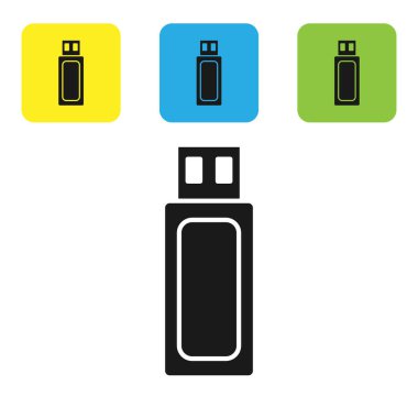 Siyah USB flash sürücü simgesi beyaz arka planda yalıtılmış. Set simgeleri renkli kare düğmeler. Vektör Illustration