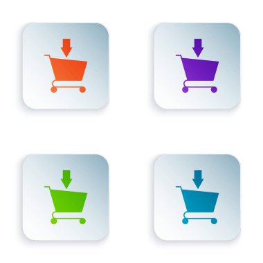 Renk beyaz arka planda izole alışveriş sepeti simgesine ekleyin. Online satın alma kavramı. Teslimat hizmeti işareti. Süpermarket sepeti sembolü. Renkli kare düğmeleri simgeleri ayarlayın. Vektör Illustration