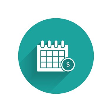 Beyaz mali takvim simgesi uzun gölge ile yalıtılmış. Yıllık ödeme günü, aylık bütçe planlaması, sabit dönem konsepti, kredi süresi. Yeşil daire düğmesi. Vektör Illustration