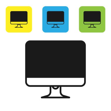 Siyah bilgisayar monitör ekran simgesi beyaz arka planda yalıtılmış. Elektronik cihaz. Ön görünüm. Set simgeleri renkli kare düğmeler. Vektör Illustration