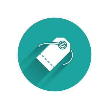 Beyaz boş etiket şablonu fiyat etiketi simgesi uzun gölge ile yalıtılmış. Boş alışveriş indirimi etiketi. Şablon iskonto başlığı. Yeşil daire düğmesi. Vektör Illustration