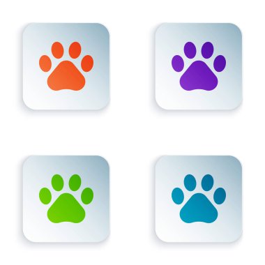Beyaz arka planda izole renkli Paw yazdırma simgesi. Köpek veya kedi pençe baskı. Hayvan parkuru. Renkli kare düğmeleri simgeleri ayarlayın. Vektör Illustration