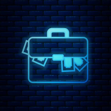 Parlayan Neon evrak çantası ve para simgesi tuğla duvar arka planda izole. İş davası işareti. İş portföyü. Vektör Illustration