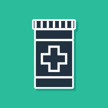 Mavi İlaç Şişesi simgesi yeşil arka planda izole edildi. Şişe hapı işareti. Eczane tasarımı. Vektör İllüstrasyonu