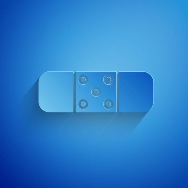 Kağıt kesme bandaj sıva simgesi mavi arka planda izole. Tıbbi sıva, yapışkan bandaj, esnek kumaş bandaj. Kağıt sanatı tarzı. Vektör Illustration