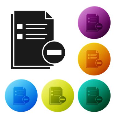 Siyah belge, beyaz arka planda eksi simgesi ile yalıtılmış. Belgeyi temizle. Dosya belgesini kaldırın. Bilgi dosyasını silin. Simgeler renkli daire düğmelerini ayarlayın. Vektör Illustration