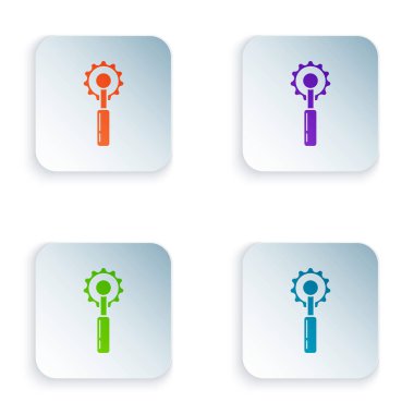 Beyaz arka planda izole renk kesici aracı simgesi. Bıçak ile dikiş bıçağı. Renkli kare düğmeleri simgeleri ayarlayın. Vektör Illustration