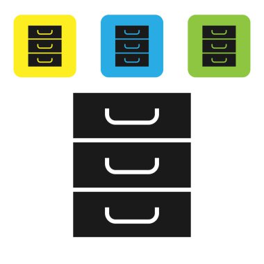 Siyah çekmece belgeleri simgesi beyaz arka planda izole. Arşiv kağıtları çekmecesi. Dosya dolabı çekmecesi. Ofis mobilyaları. Set simgeleri renkli kare düğmeler. Vektör Illustration