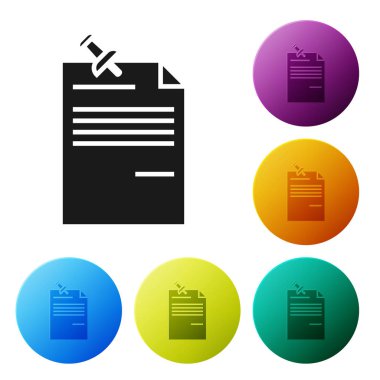 Siyah Not kağıt, beyaz arka planda sabitlenmiş düğme simgesi ile yalıtılır. Memo kağıt işareti. Simgeler renkli daire düğmelerini ayarlayın. Vektör Illustration