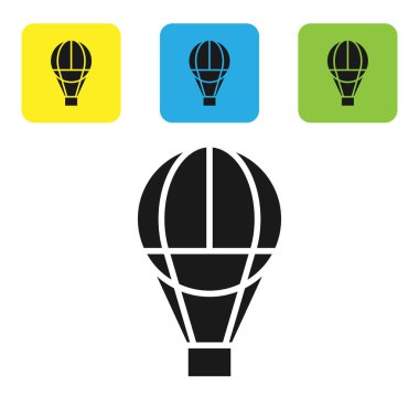 Siyah sıcak hava balonu simgesi beyaz arka planda izole. Seyahat için hava taşımacılığı. Set simgeleri renkli kare düğmeler. Vektör Illustration
