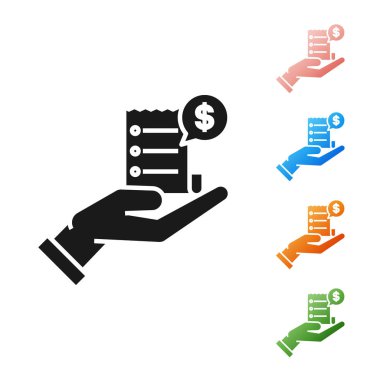 Siyah ınsan el Beyaz arka planda izole ödeme simgesi için boş makbuzu veya fatura ile tutarak. Bankacılık ve işletme işlemleri. Simgeler renkli ayarlayın. Vektör Illustration