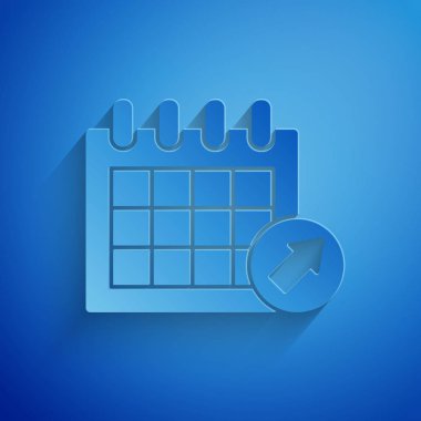 Kağıt kesiği Takvim simgesi mavi arkaplanda izole edildi. Olay hatırlatma sembolü. Kağıt sanatı tarzı. Vektör İllüstrasyonu